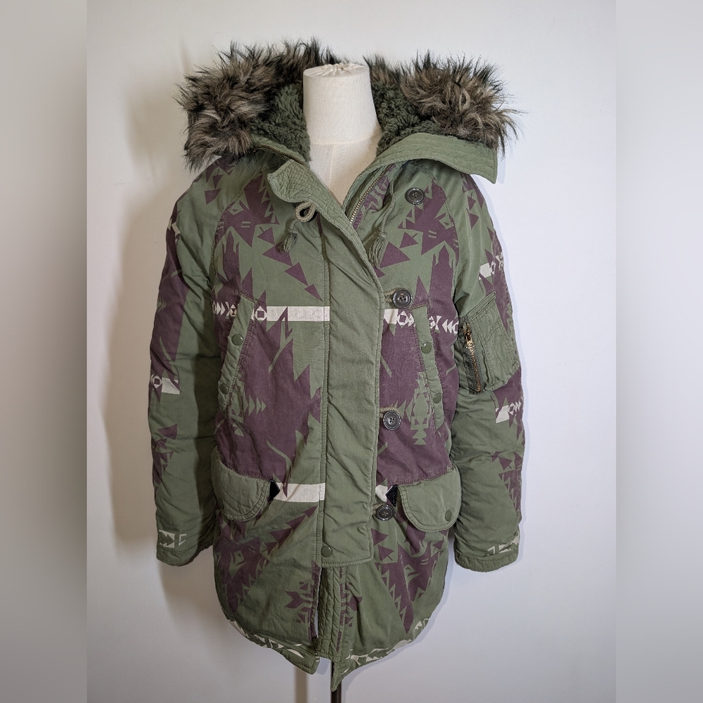 Denim & Supply Ralph Lauren Printed Down Short Parka With Faux Fur Lined Hood